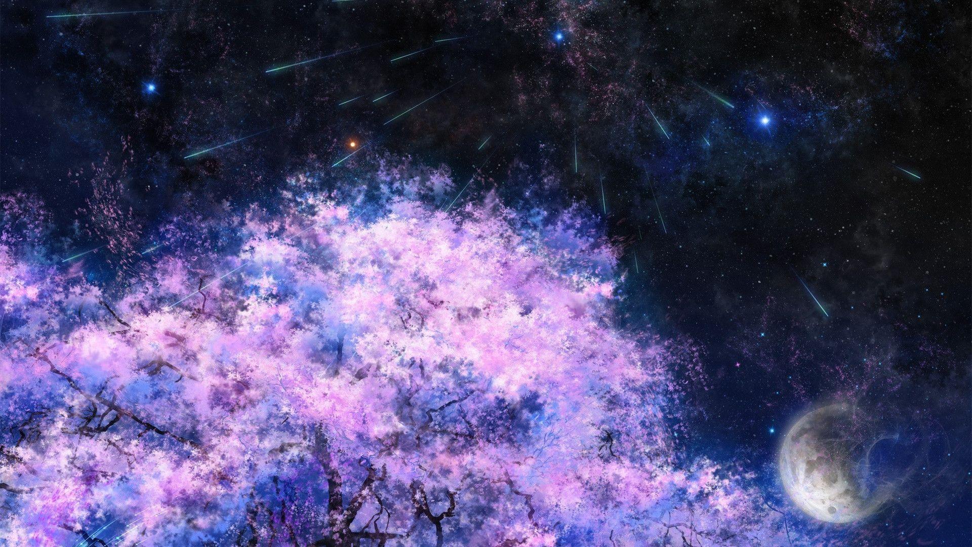 Art painting, cherry trees, space, meteor shower Wallpaper