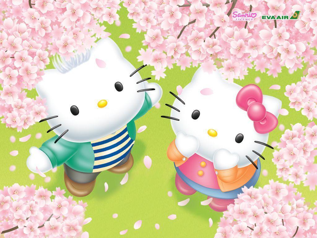 Hello Kitty & Daniel Wallpaper With Cherry Blossoms. Kawaii