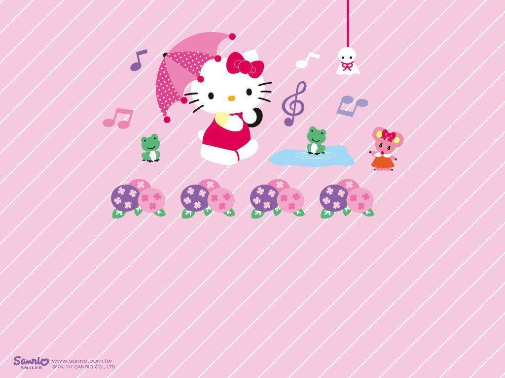 Hello Kitty Cartoon Under the Umbrella Wallpaper For Desktop