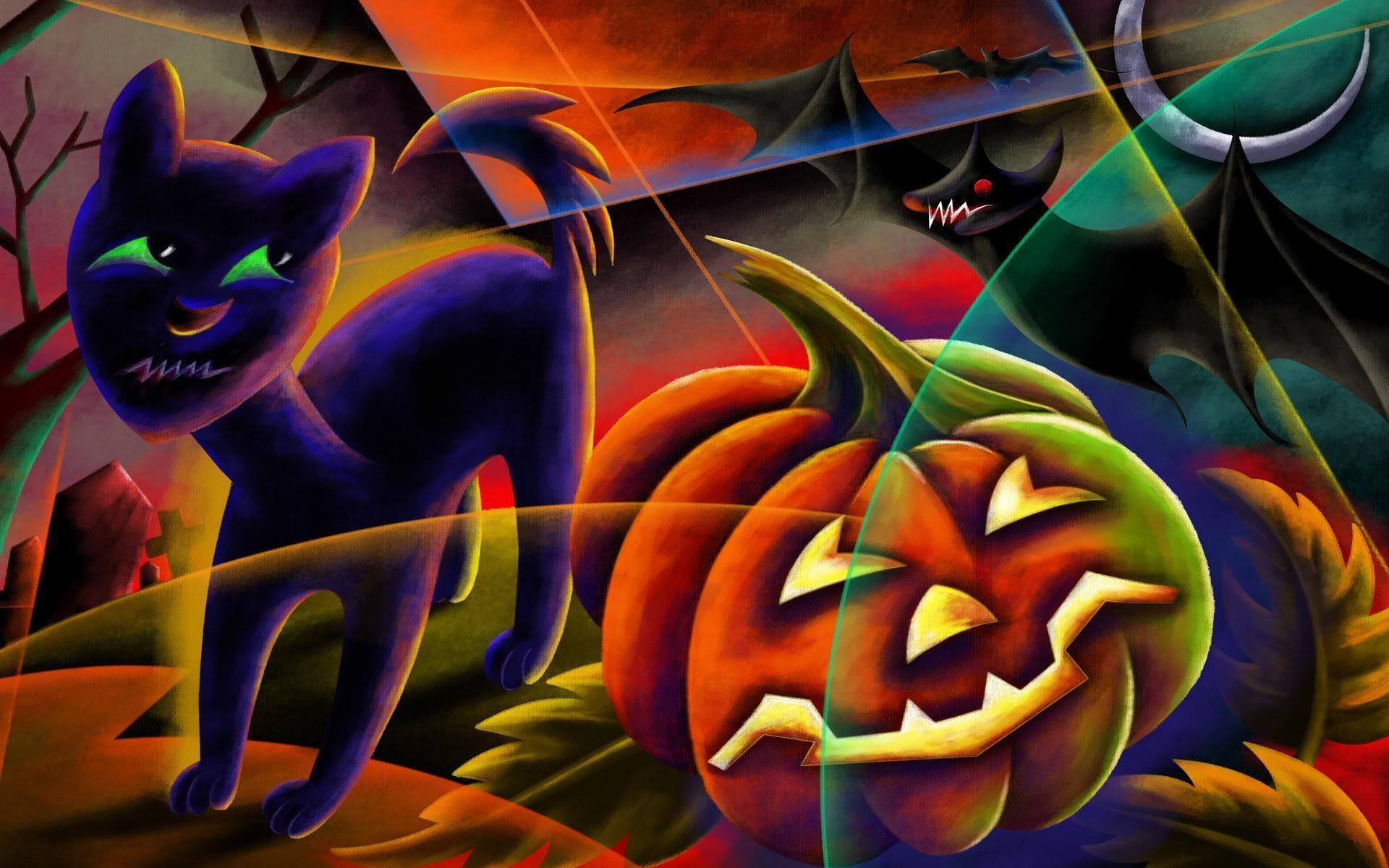 Halloween illustration wallpaper black cat jack o lanterns free