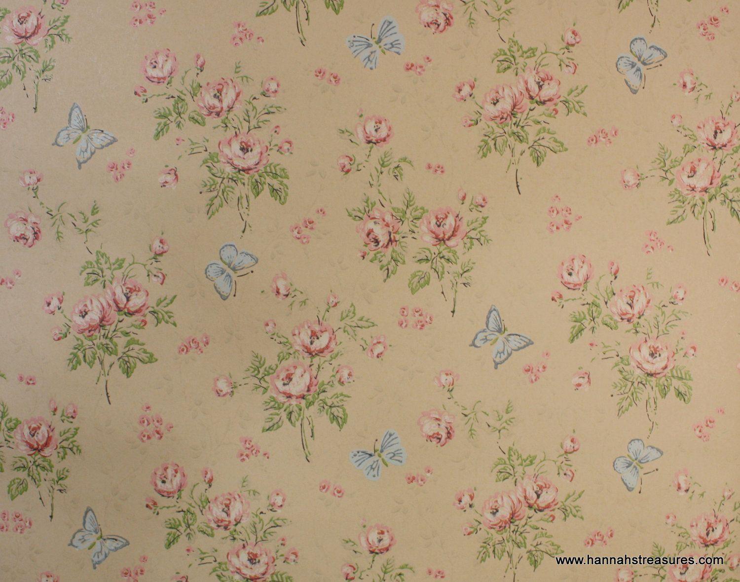 1950&;s Vintage Wallpaper pink roses and blue