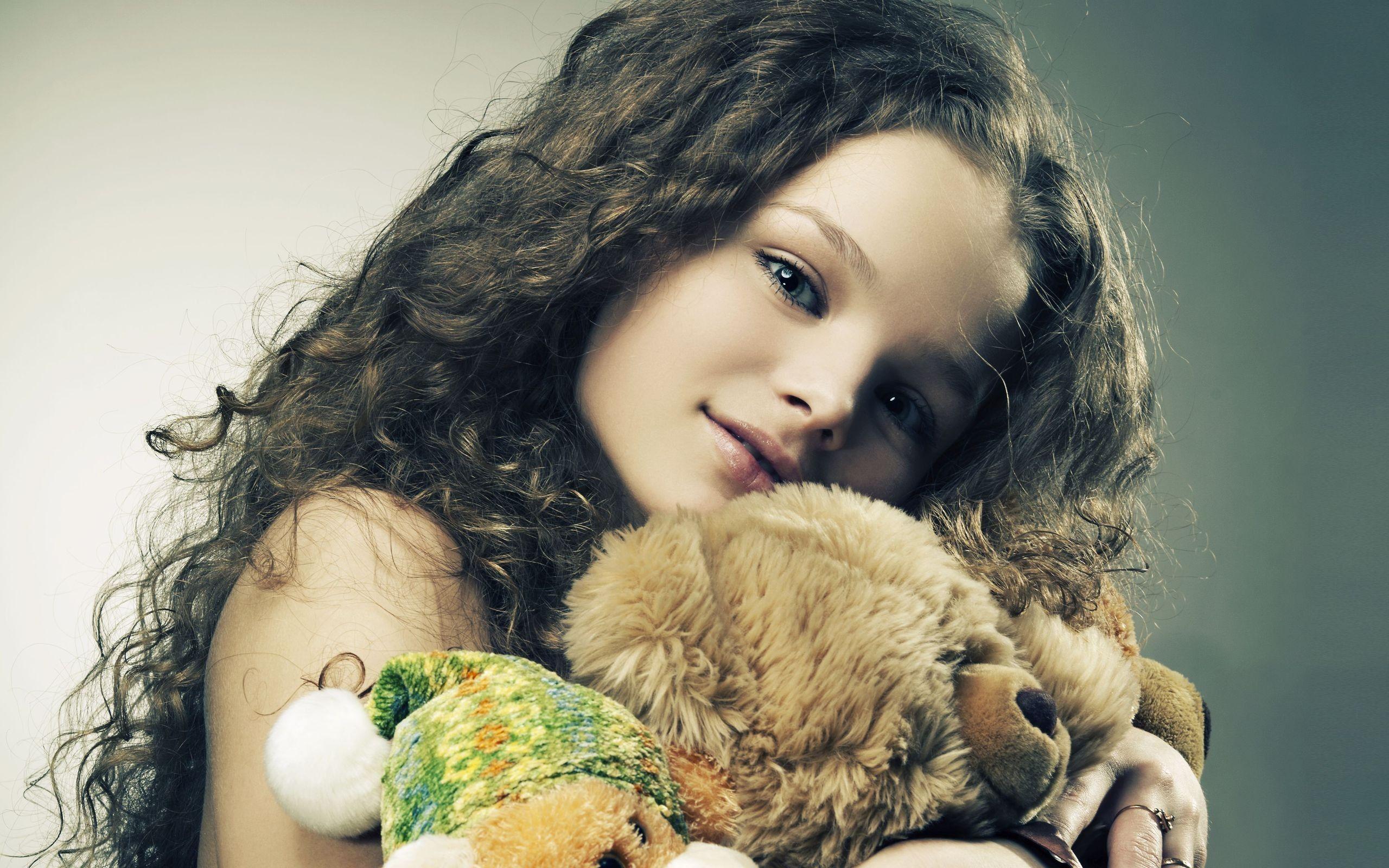 Cute Little Girl Hugging Teddy Bear widescreen wallpaper. Wide