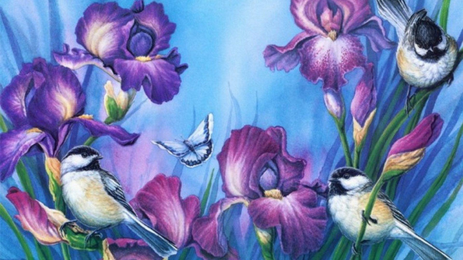 Purple Iris & Birds desktop PC and Mac wallpaper