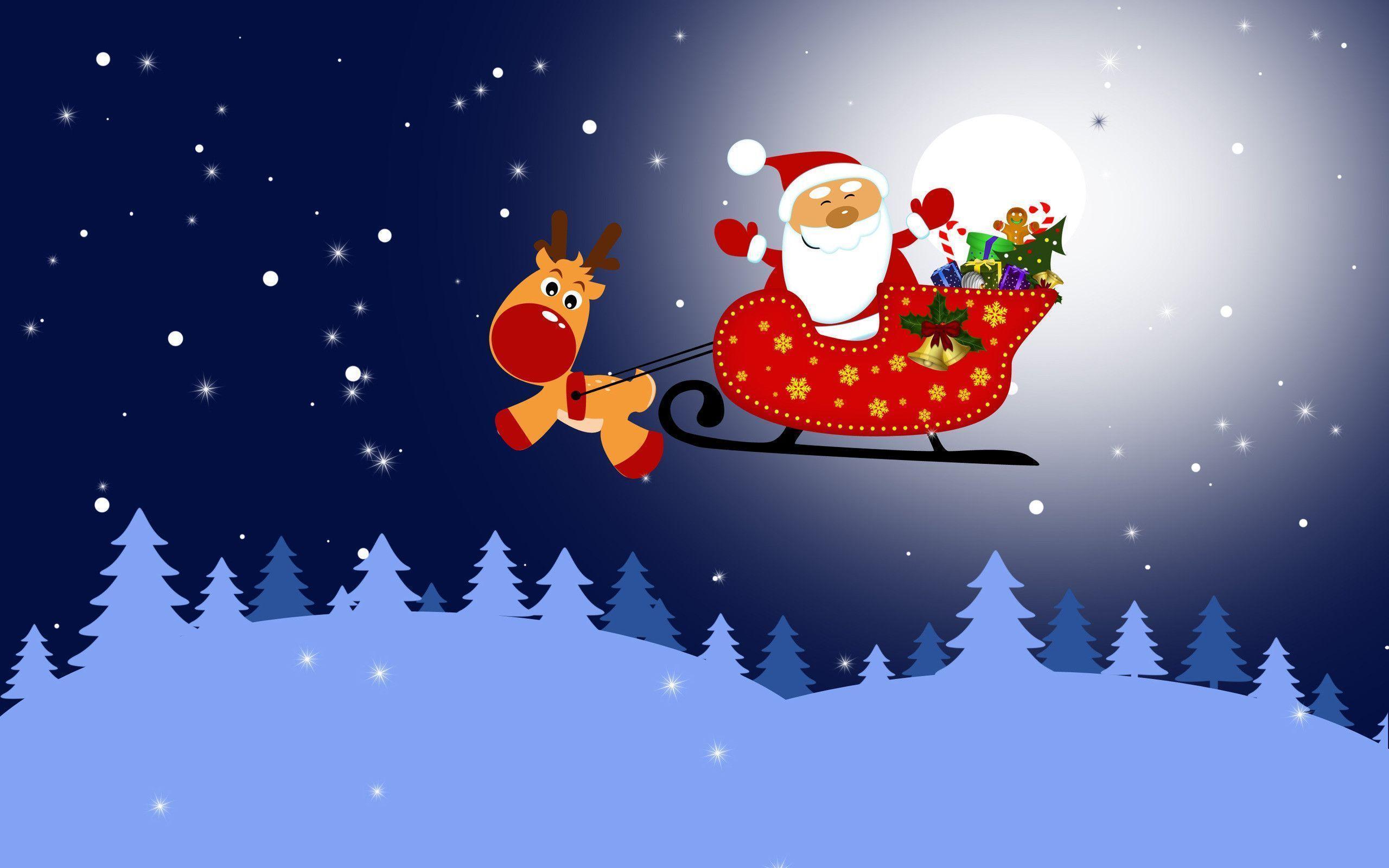 Santa in his sleigh and Rudolph Wallpaper #