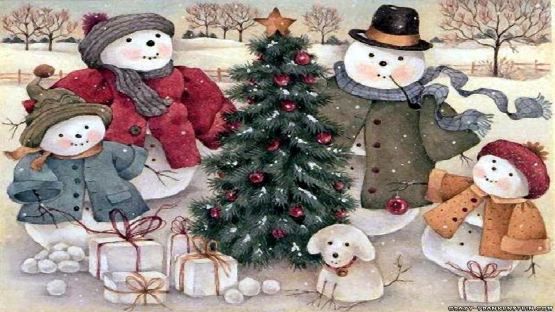 Snowman family Christmas scene free desktop background