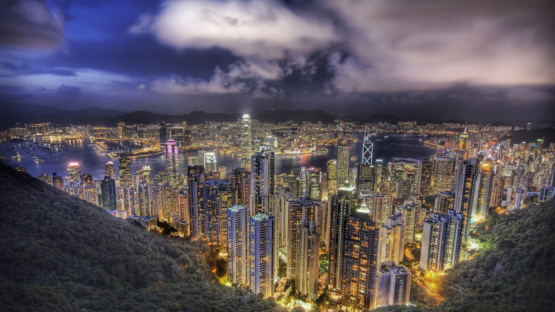 Hong Kong bei Nacht, architecture, atnight, Buildings, china, city