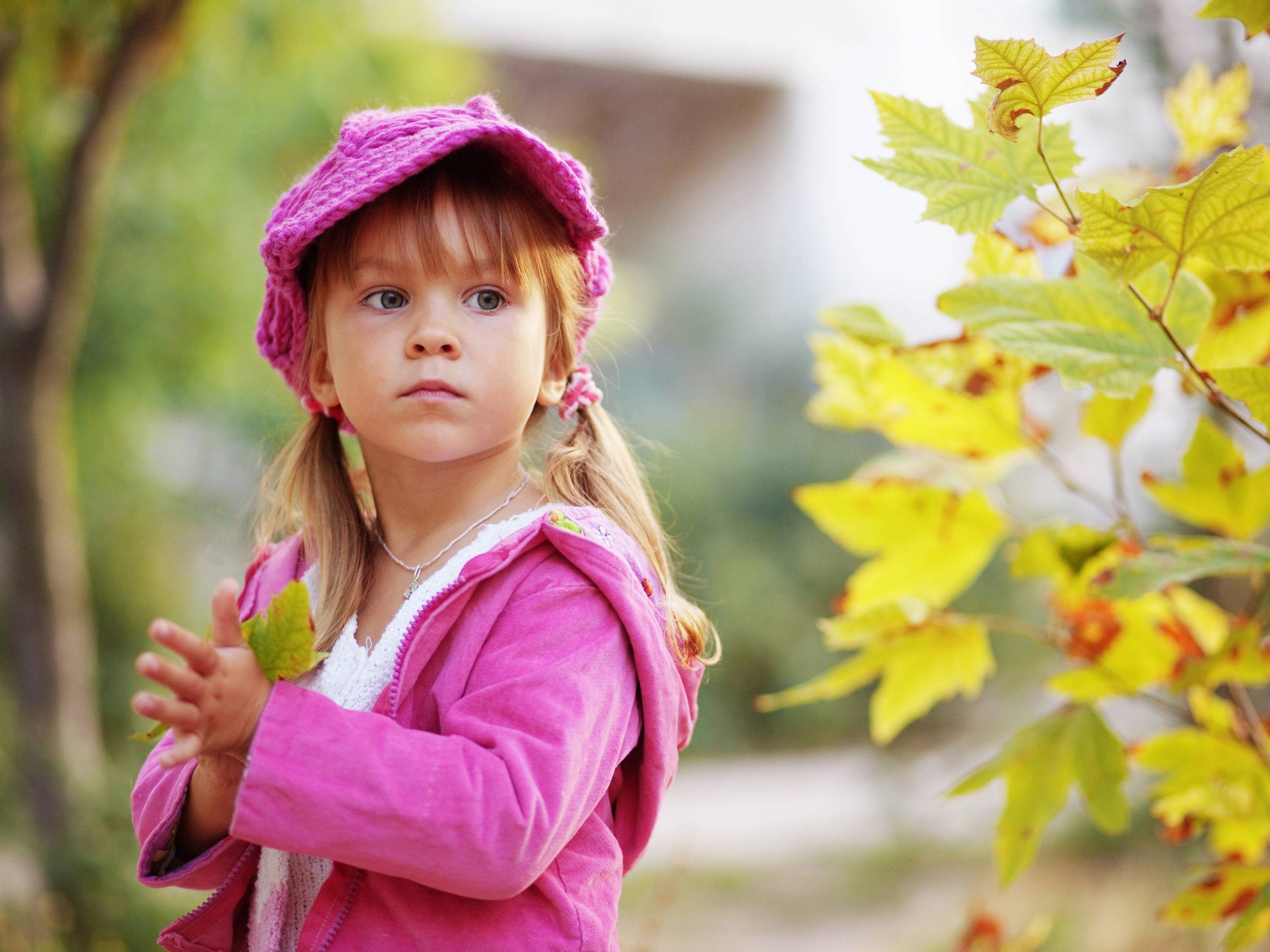Cute Little Girl Holding A Maple Leaf Wallpaper 2560x1920