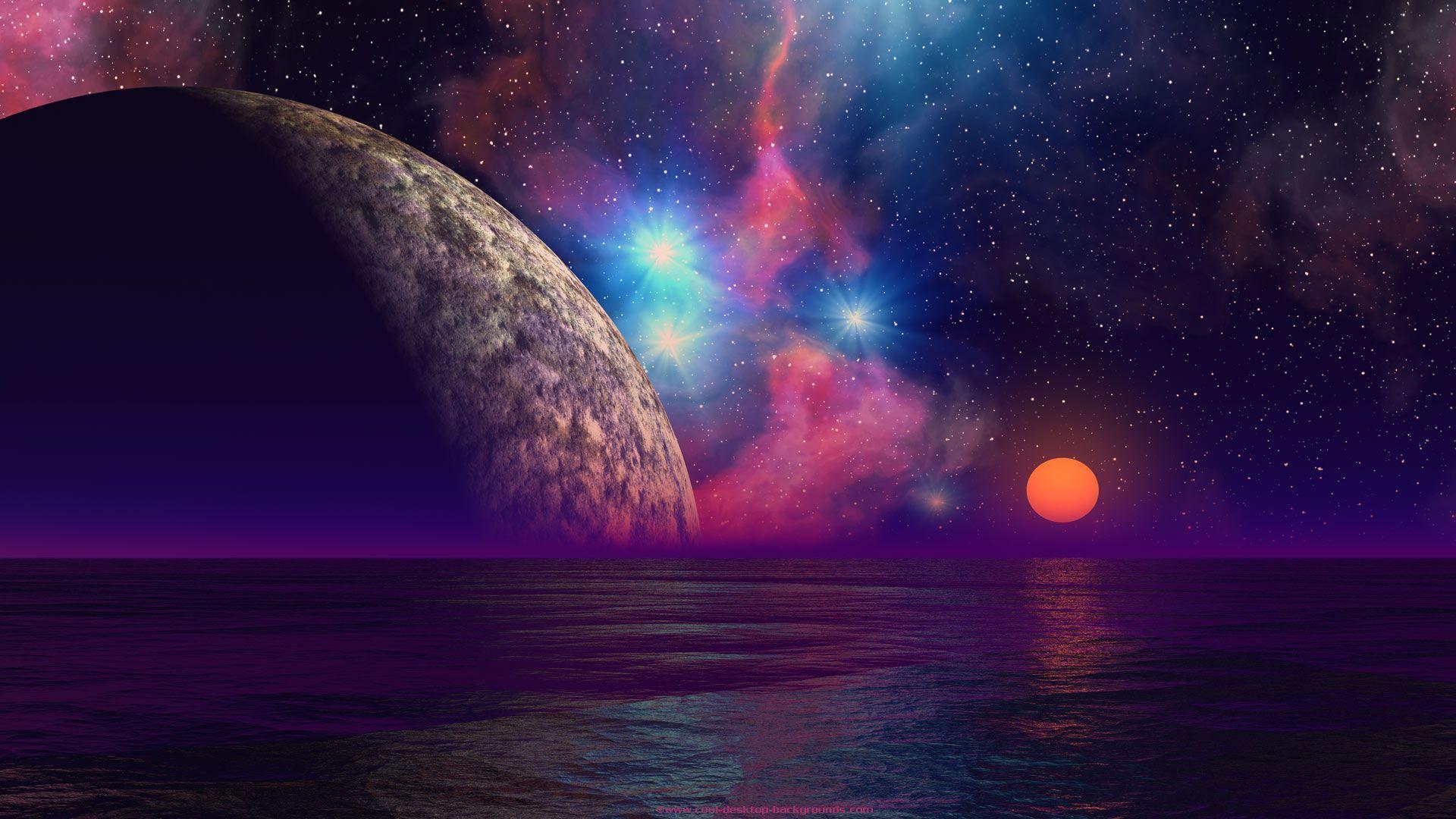 Sunset Alien Ocean Fi Desktop Wallpaper