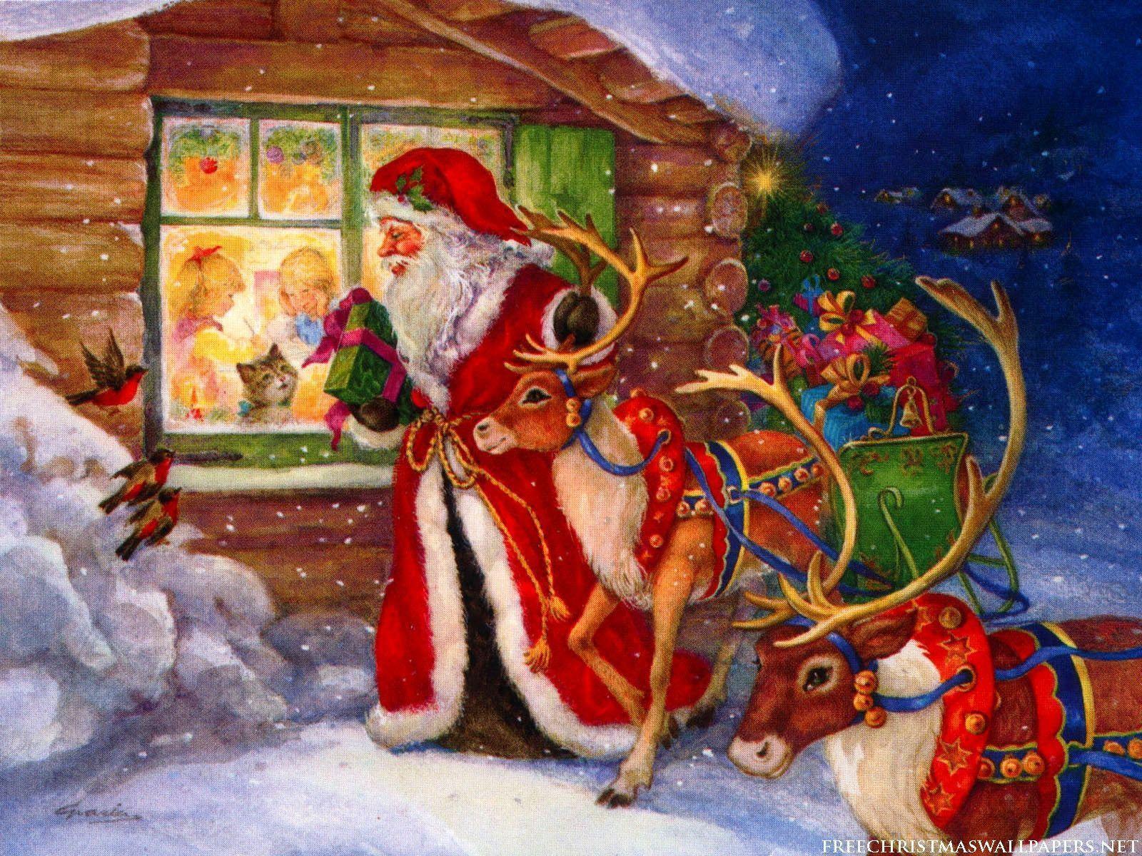 Santa Claus and Reindeers Wallpaper
