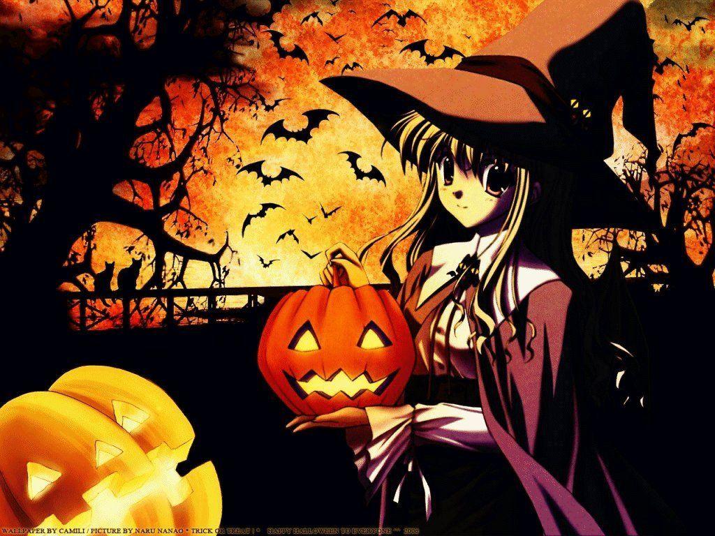 anime girl sitting on a pumpkin with a cat and a witch, halloween art  style, trick or treat, halloween celebration, ❤🔥🍄🌪 - SeaArt AI