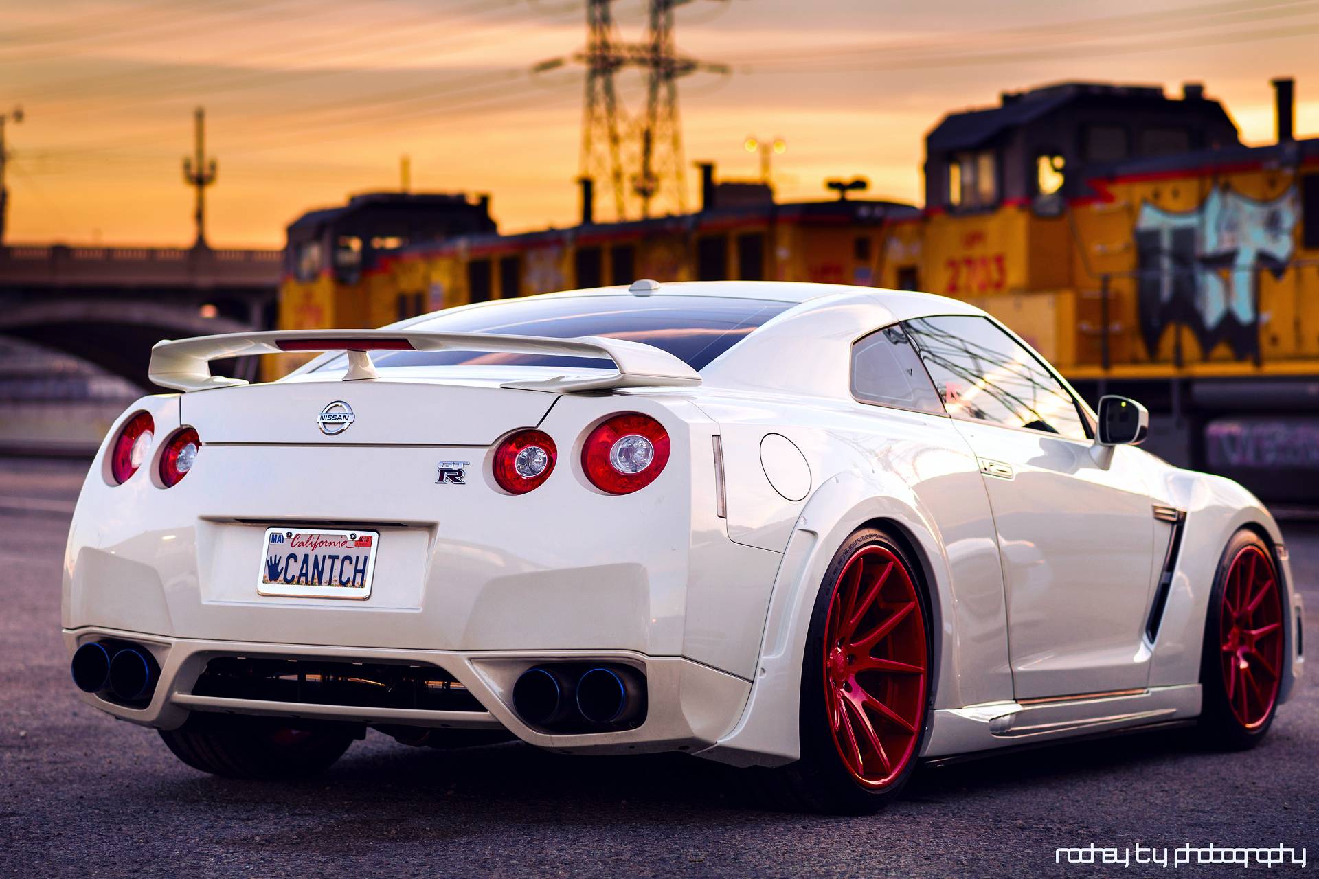 Wallpaper Nissan, Gt R, White, Back, Red, Wheels, Sky, Sunset