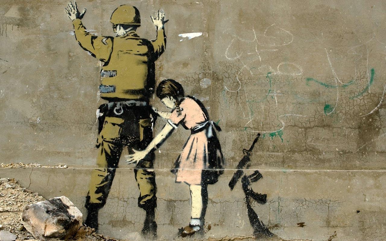 Girl Searching a Soldier Banksy Wallpaper
