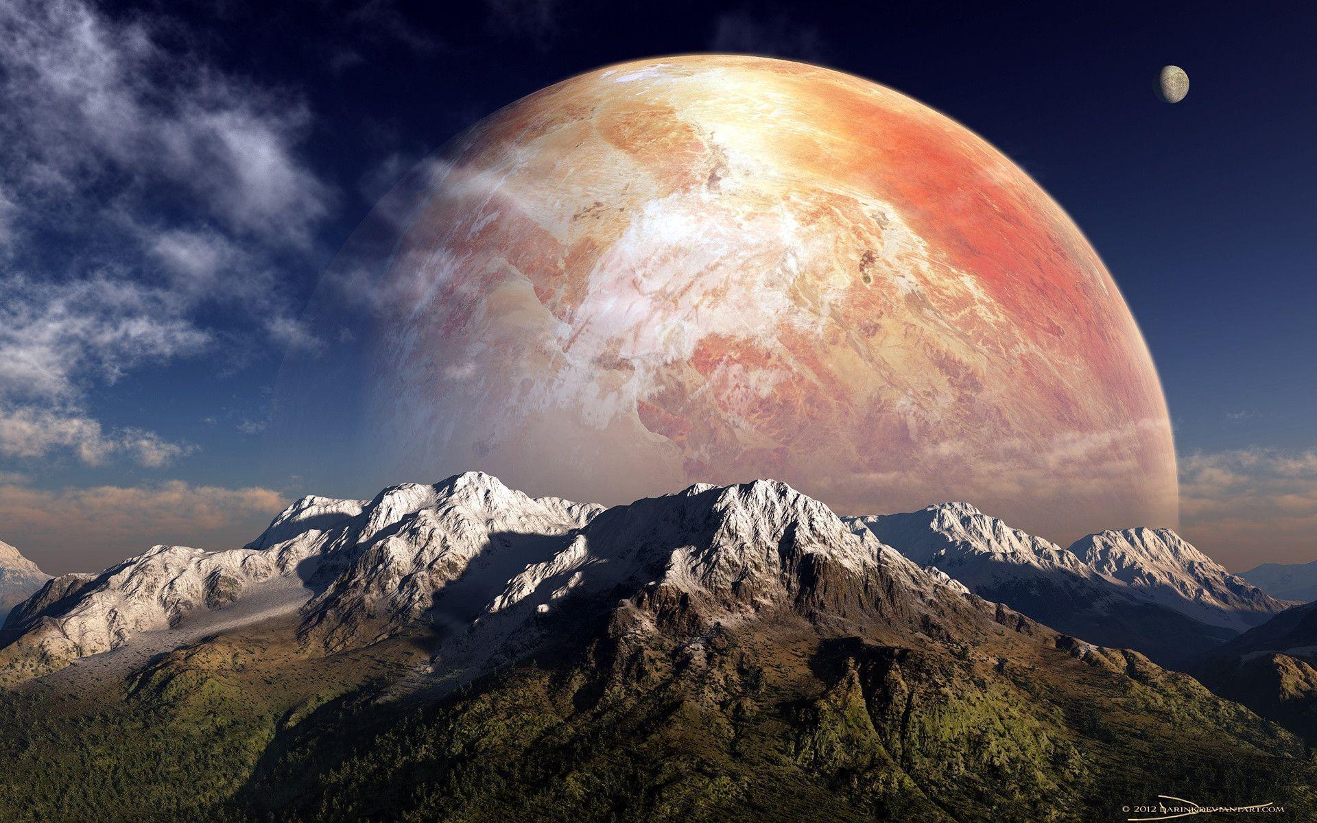 Red Huge Moon Over Mountain desktop wallpaper