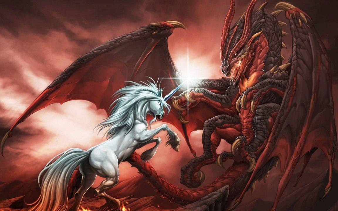 Fantasy Art Unicorn Versus Dragon widescreen wallpaper. Wide