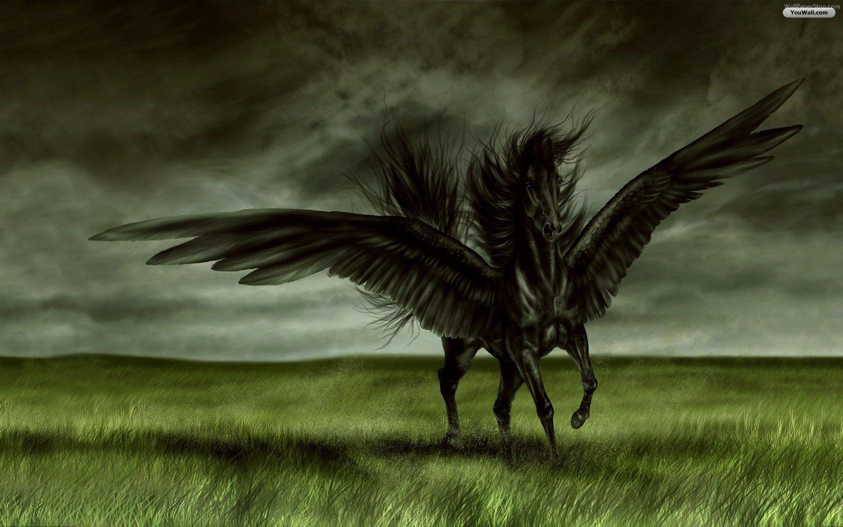 Free picture: Black Pegasus with fire horse tail running on Heaven