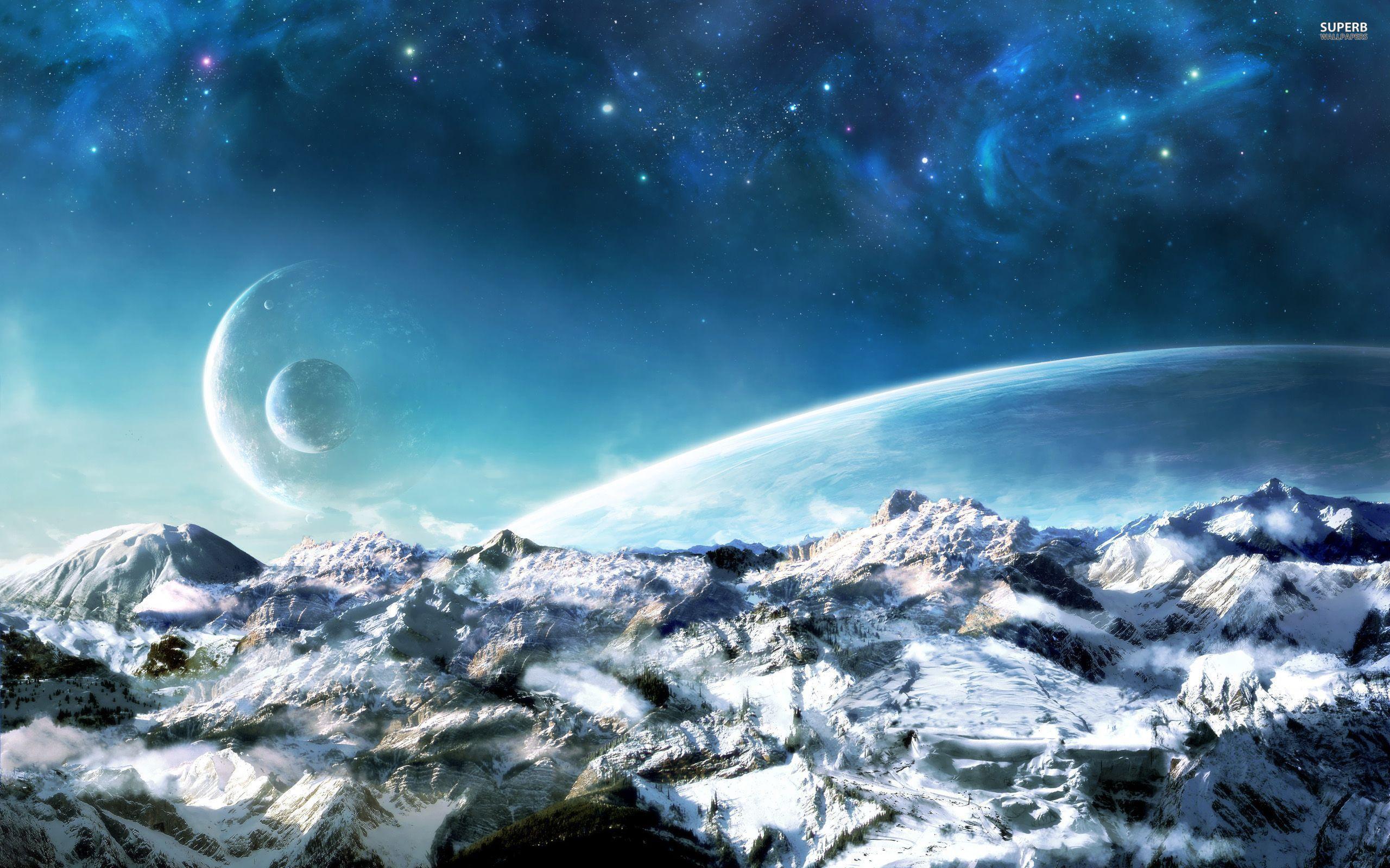Planets over the snowy mountains wallpapers