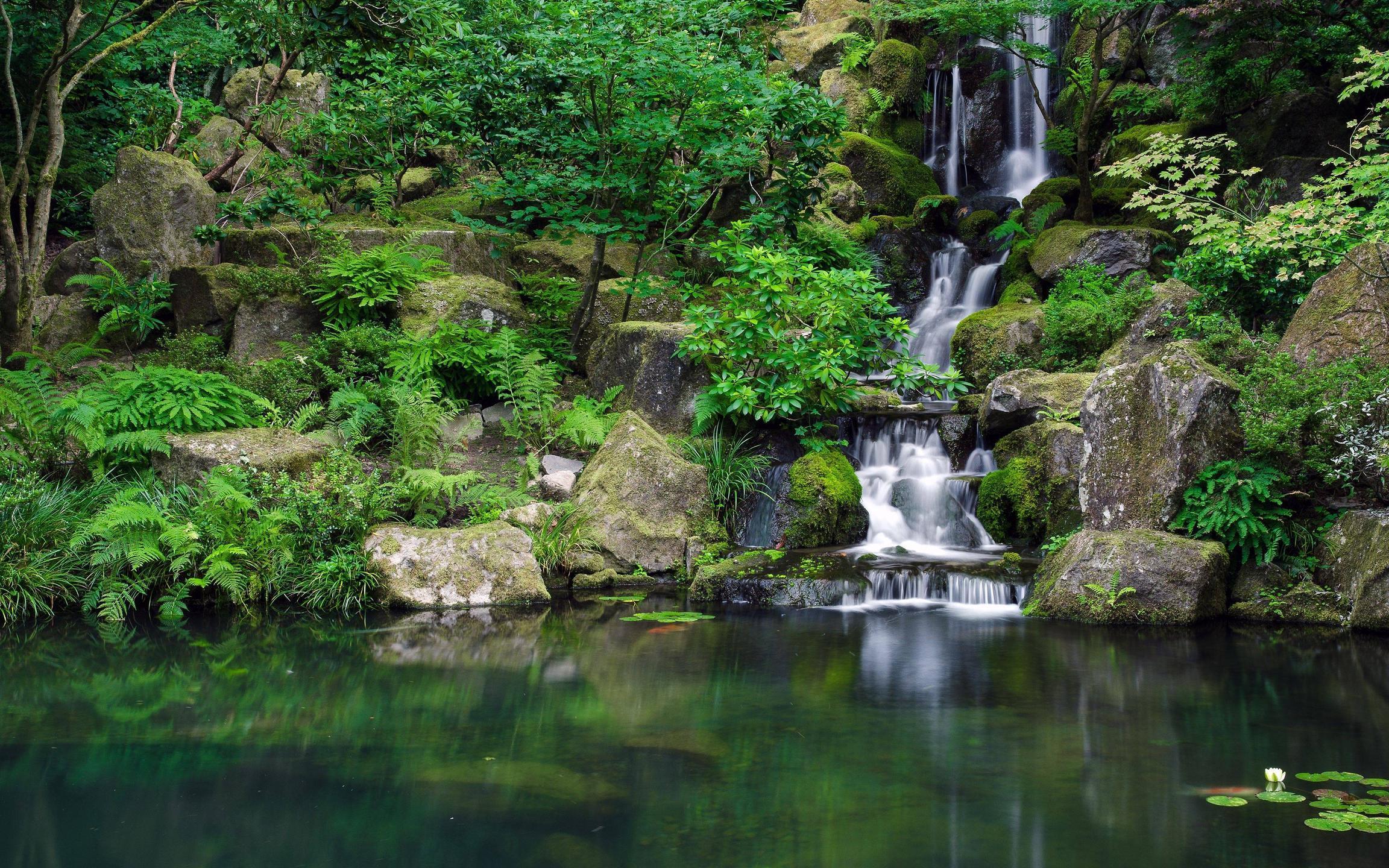 Download wallpaper japanese garden, park, pond, waterfall free