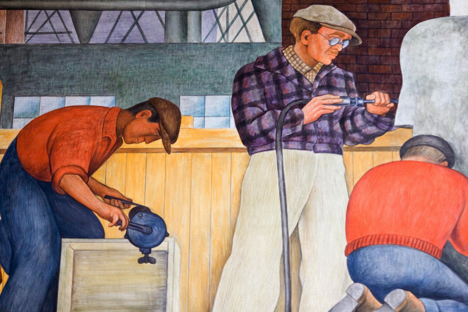 part of diego rivera mural building of a city, who&;s ahead