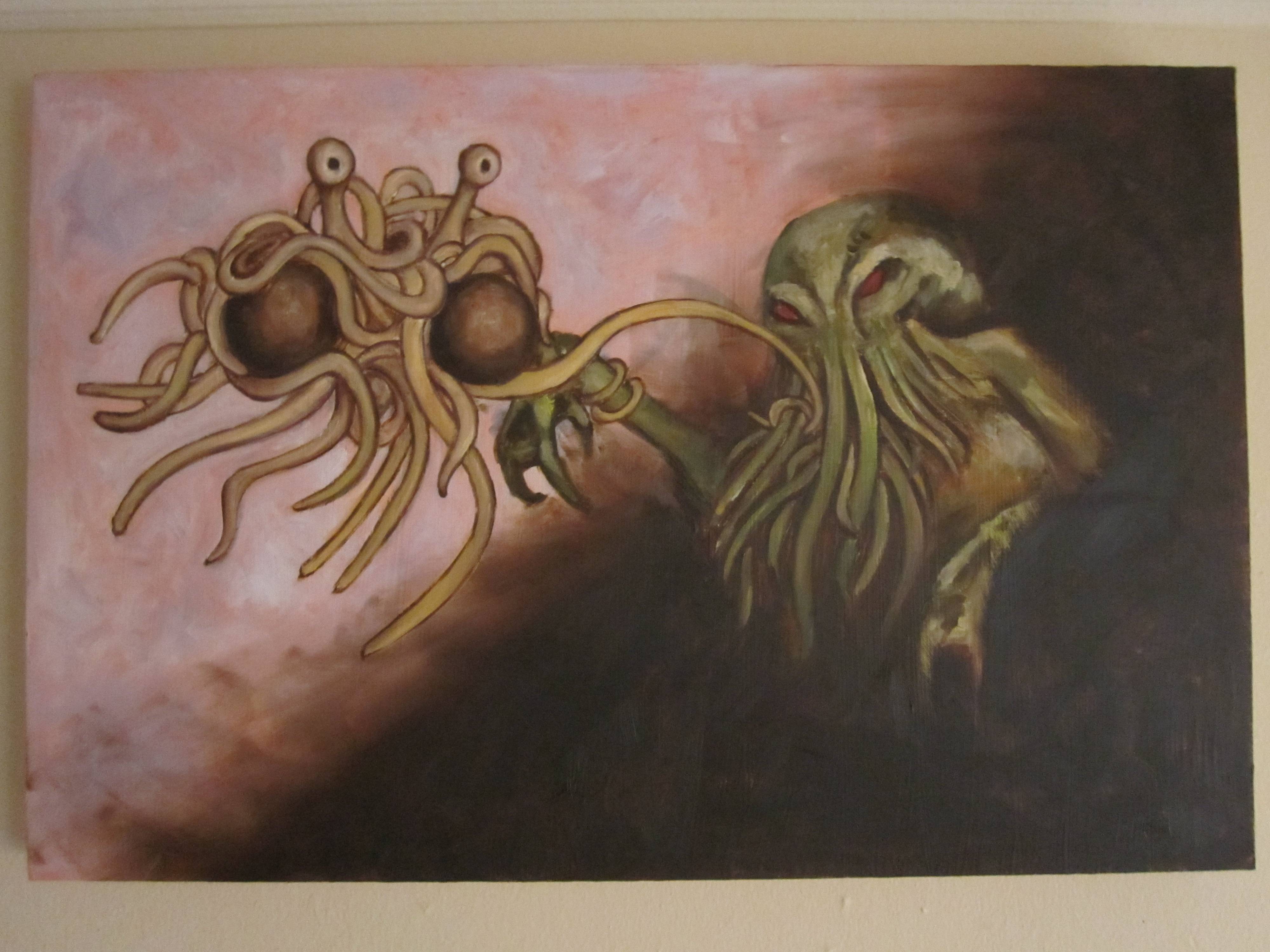 I asked my friend to paint me an image of FSM engaging Cthulhu