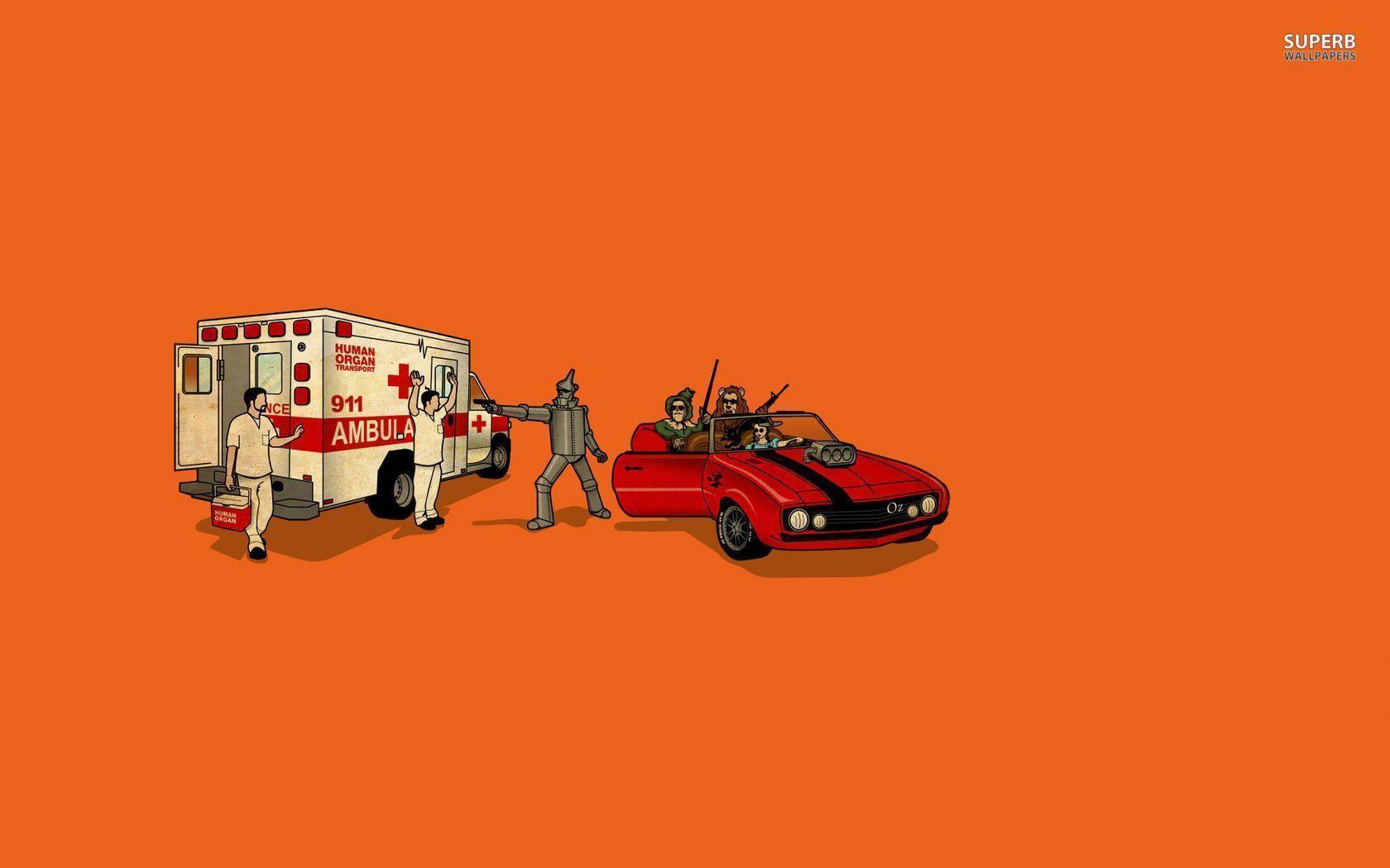 Wizard of Oz characters robbing the ambulance wallpaper