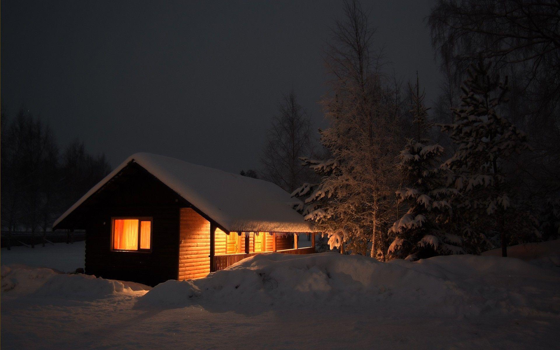 Snowy Log Cabin Winter Nature HD wallpaper #