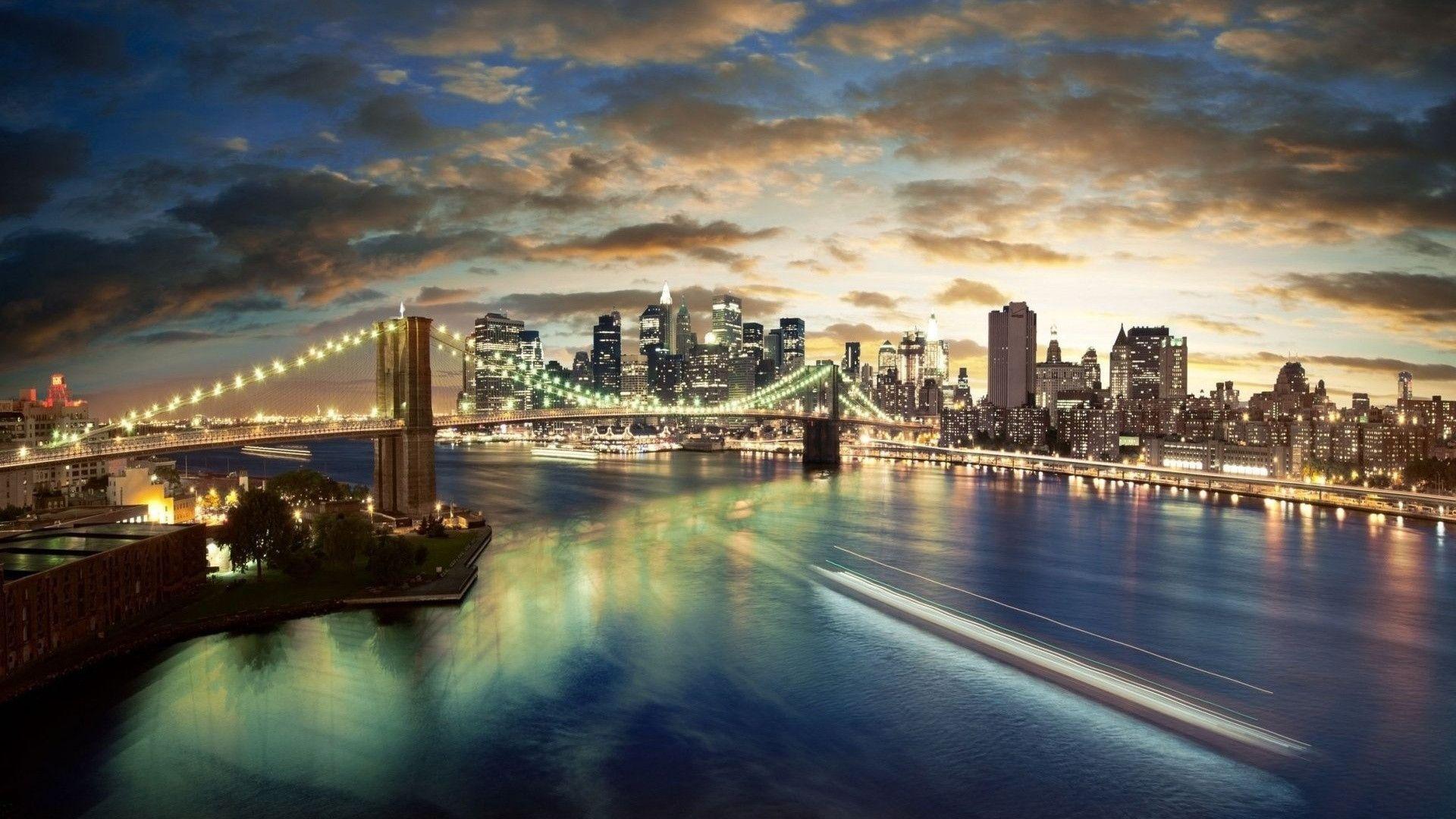 River bridge lights house skyscrapers Wallpaperx1080