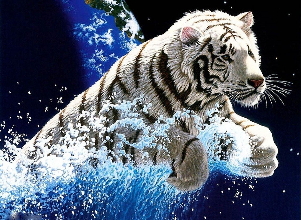 White Tiger Jumping Out of Water in 3D Free and Wallpaper