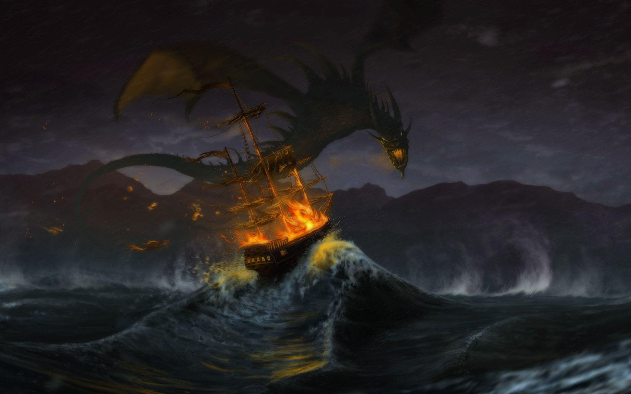 Dragon Hitting Pirate Ship in Fantasy