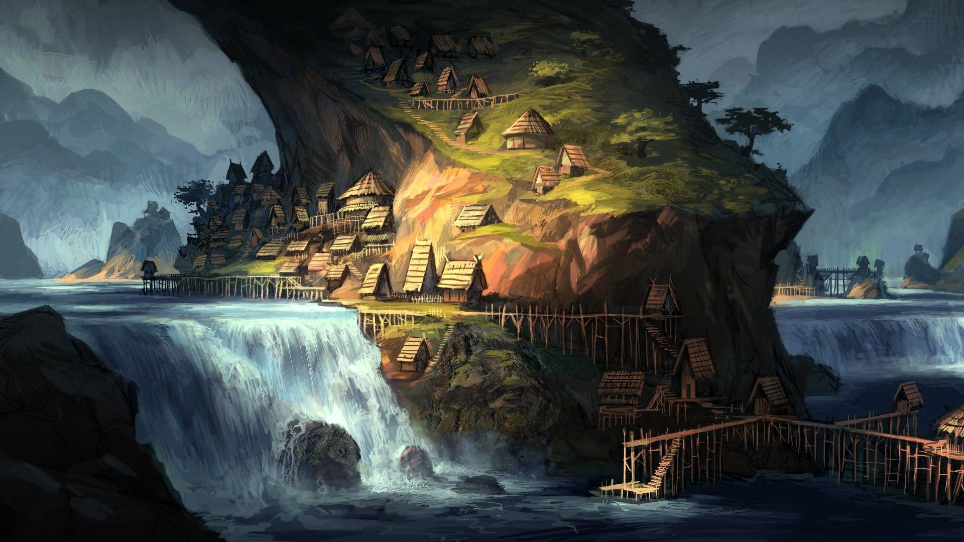 Artwork fantasy art huts water waterfalls wallpaper HD