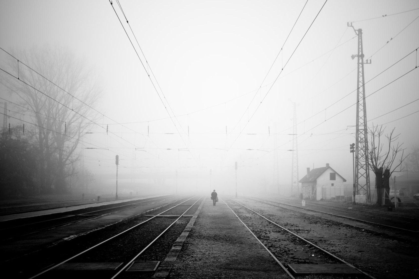 fog, railroad man, sadness wallpaper
