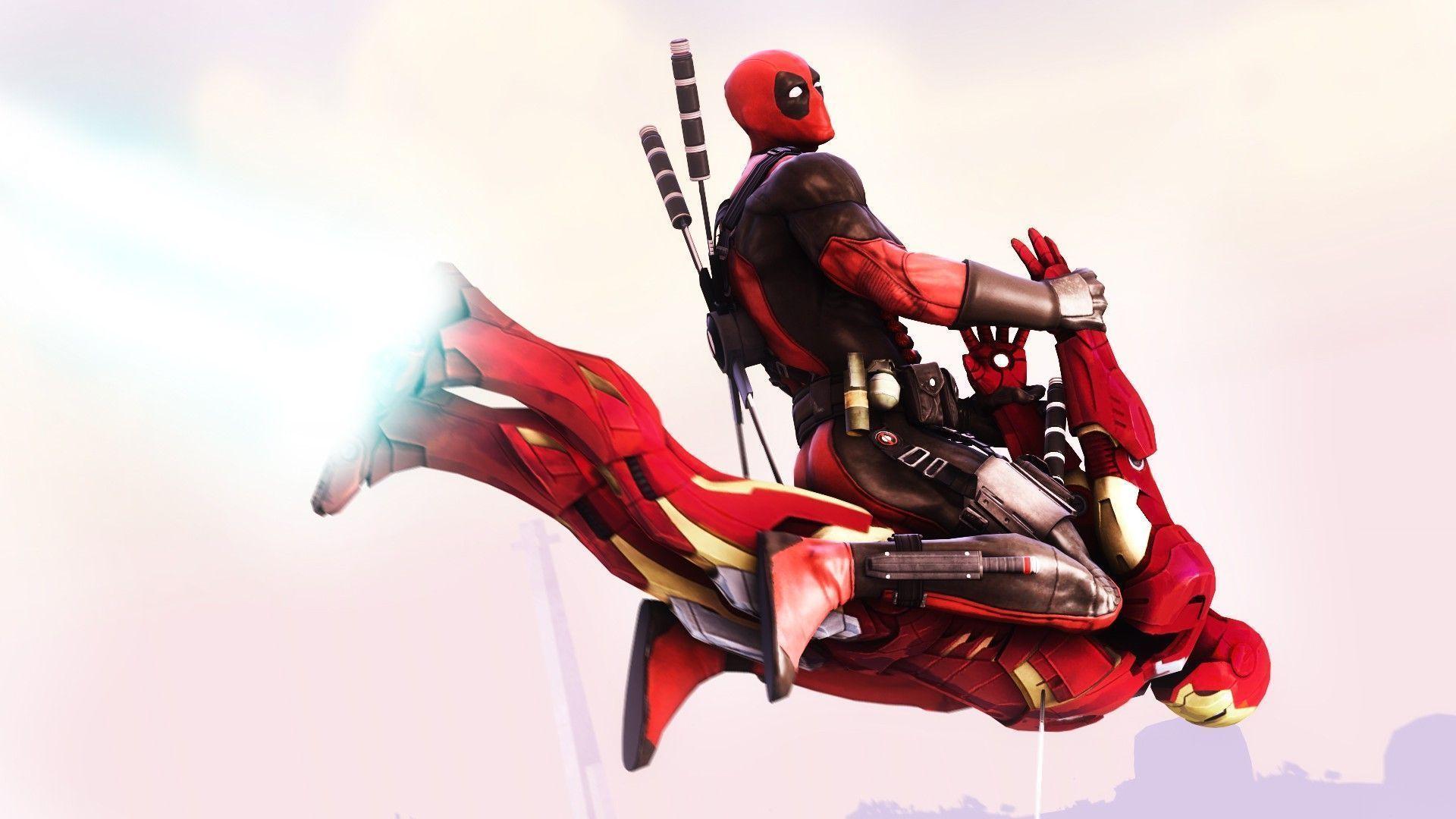 Deadpool flying on Iron Man Wallpaper #