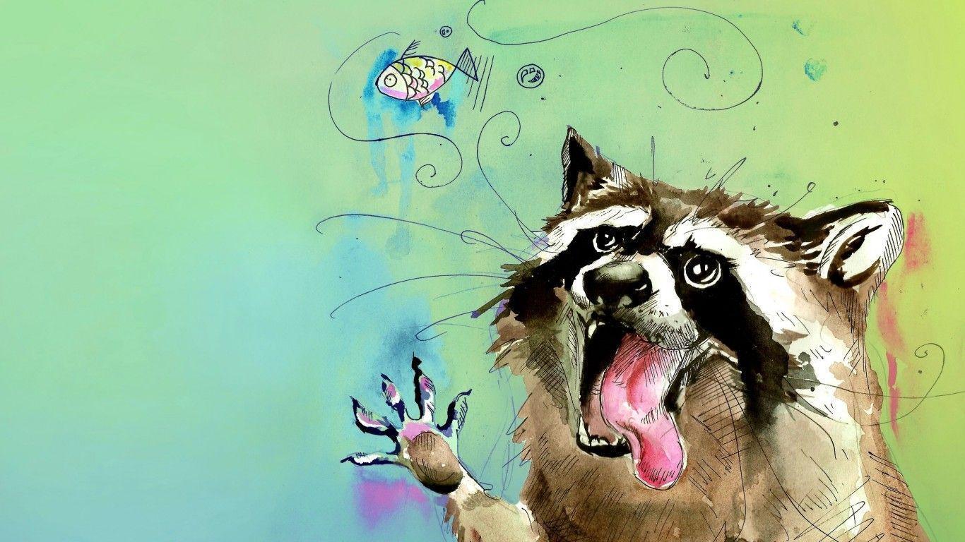 Raccoon, Animal, Potaskun, Poloskun, Color, Watercolor, Fish