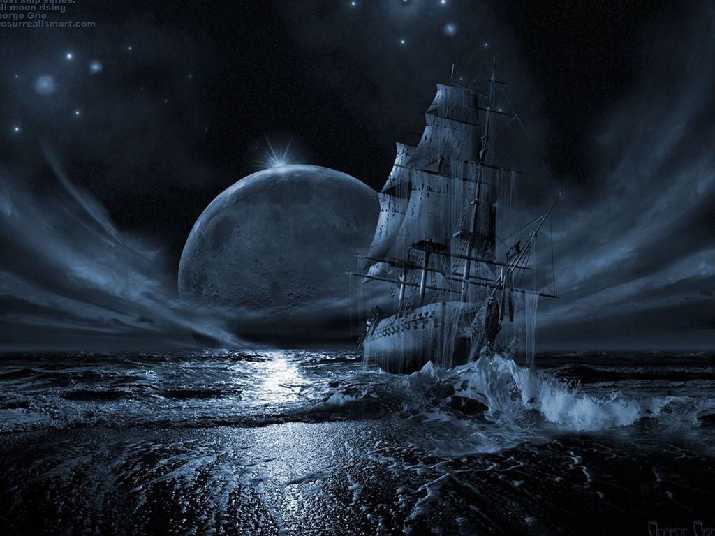 Gothic Ship Moon 3D Wallpaper
