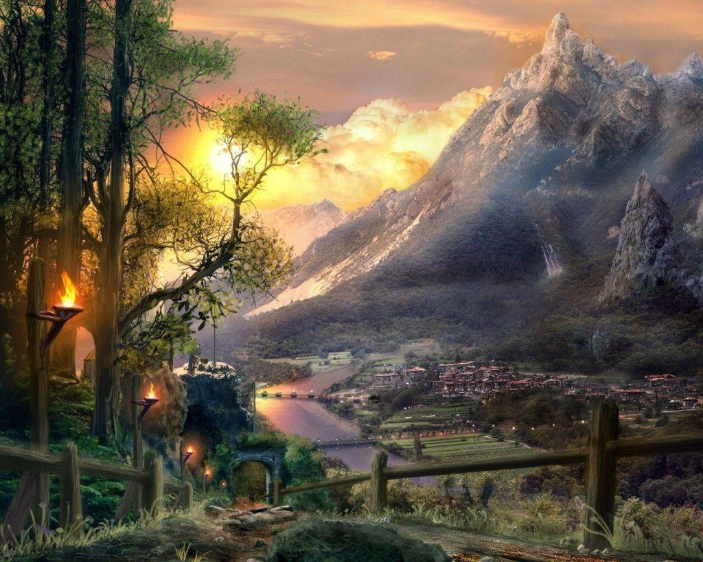 digital Art, Fantasy Art, Nature, Landscape, Water, Rock, Hill, Mountain,  Island, Trees, Waterfall, B… | Digital art fantasy, Fantasy landscape, Landscape  wallpaper