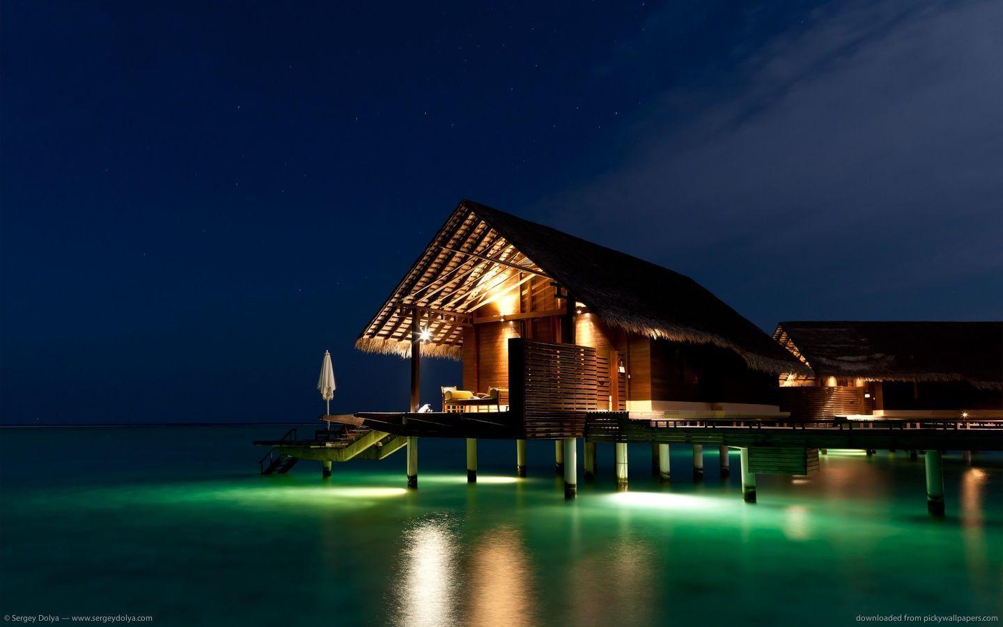 Download 1440x900 Maldives Night Bungalow Wallpaper