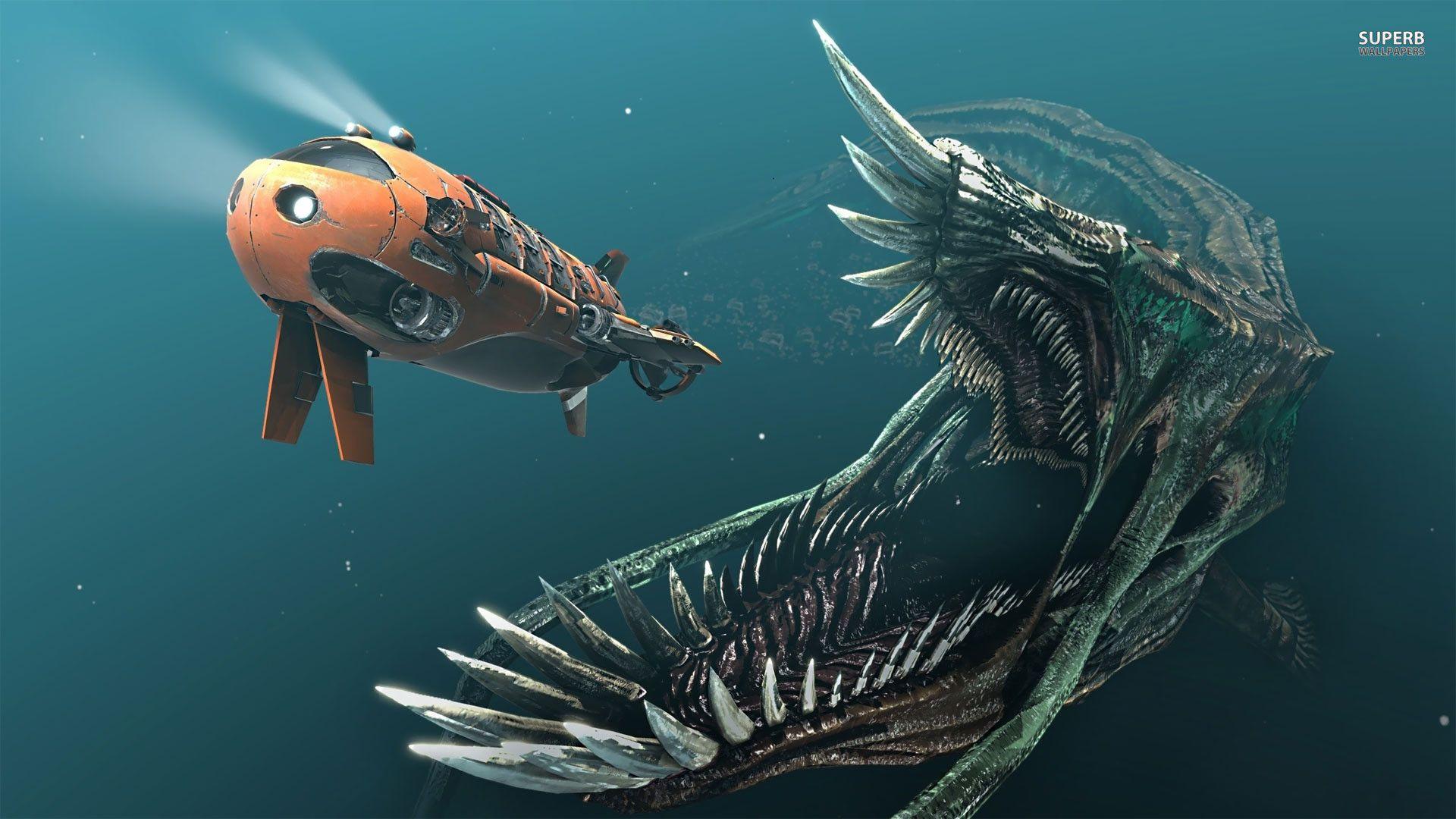 Sea monster chasing submarine wallpaper