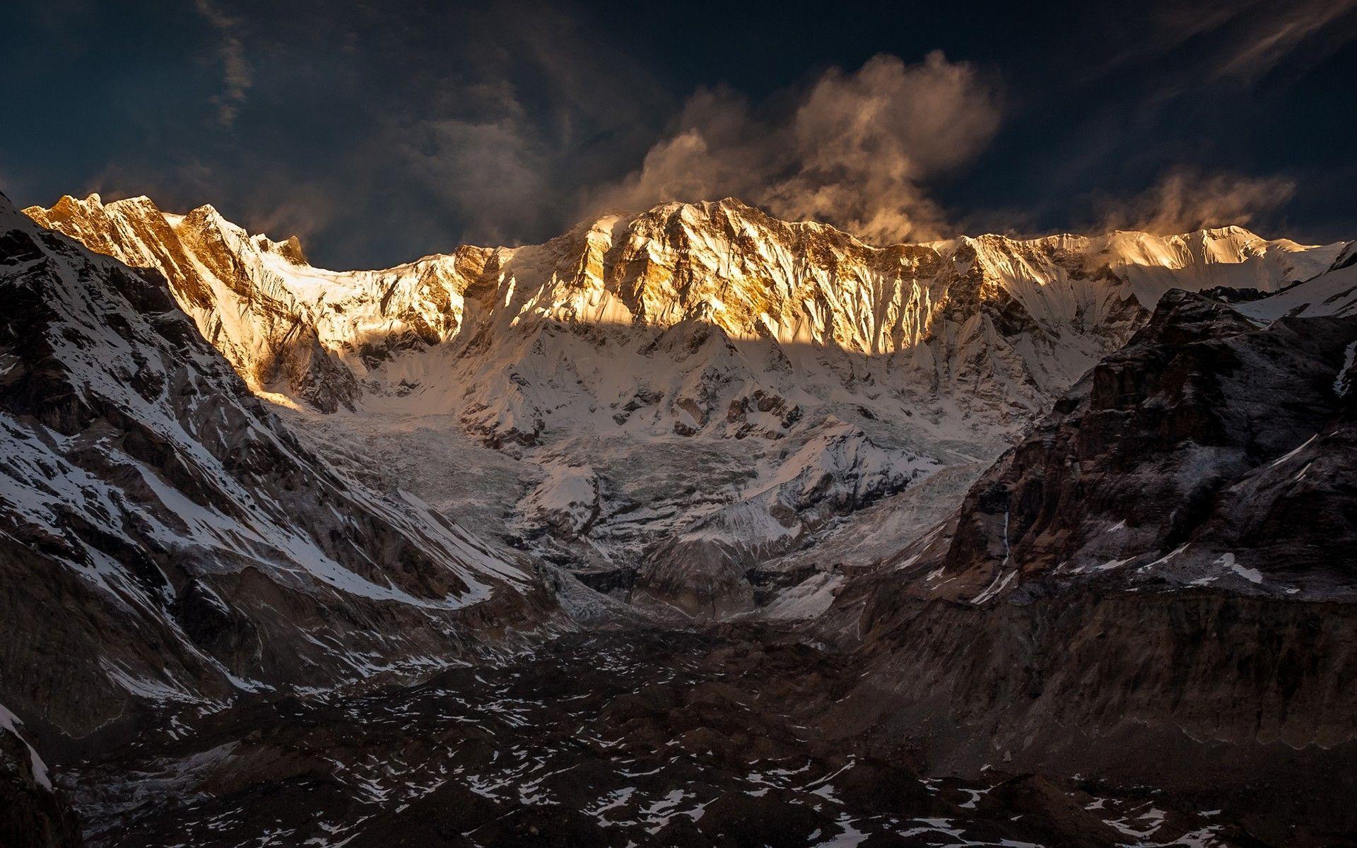 Sunrise mountains landscapes nature snow shadows Nepal Annapurna