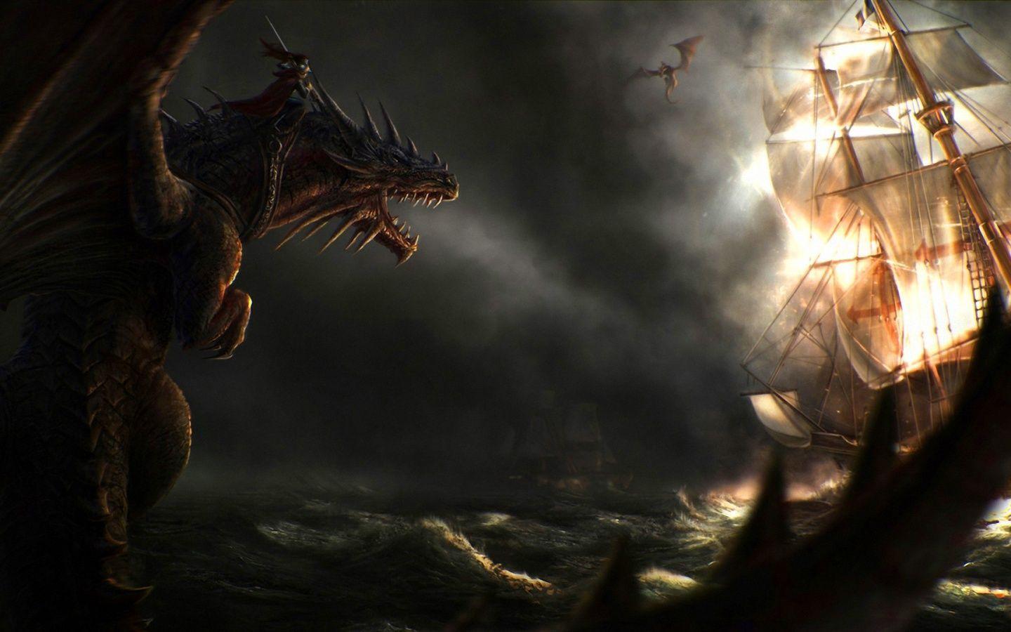 Dragon ship fantasy art Wallpaper