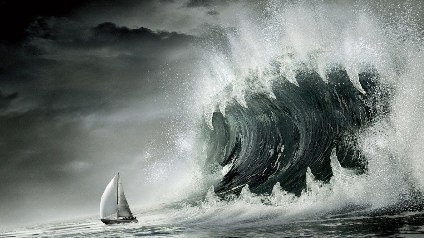 The ship and the wave of the tsunami wallpaper and image