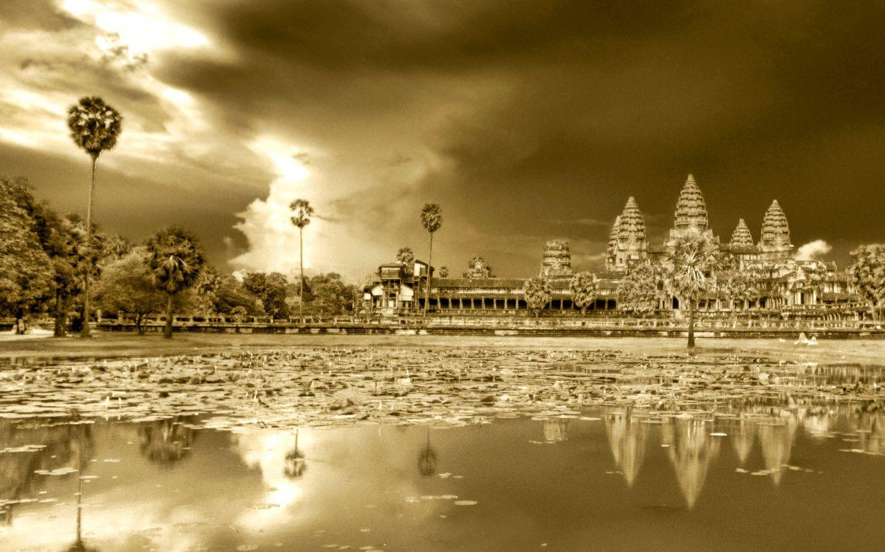 Evening Night Bathing Angkor Wat under Impending Storm widescreen