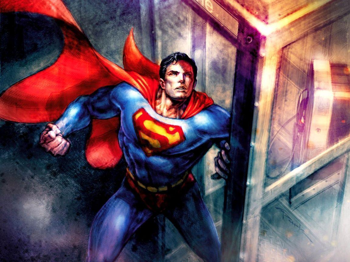 Superman with Red Cape Flying Painting desktop wallpaper