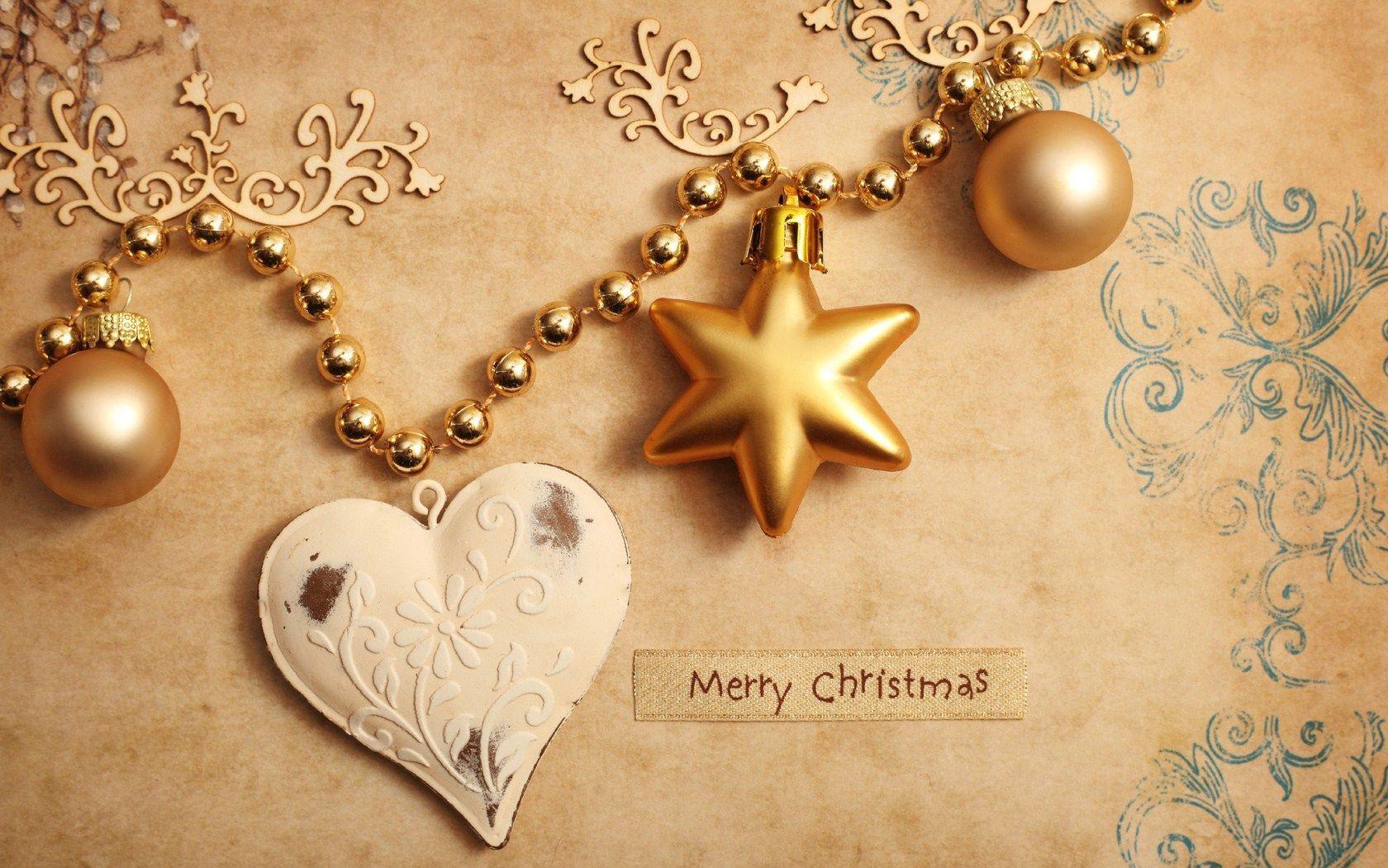 Merry Christmas Heart Golden Star Globe HD Wallpaper