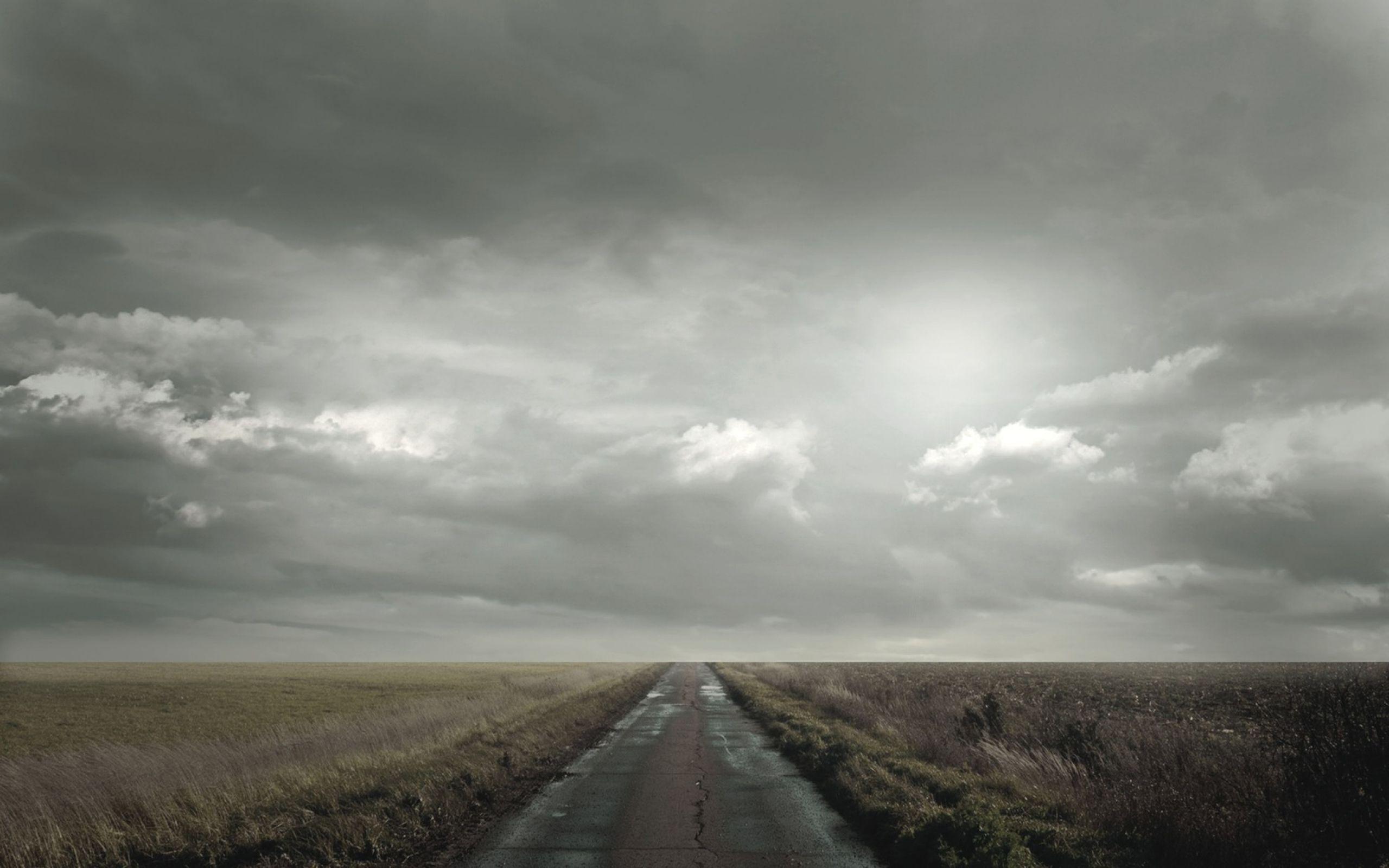 Download Wallpaper 2560x1600 road, field, clouds, cloudy, horizon