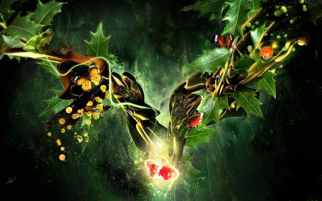 Butterfly, Ladybug and Frog in Fantasy World background