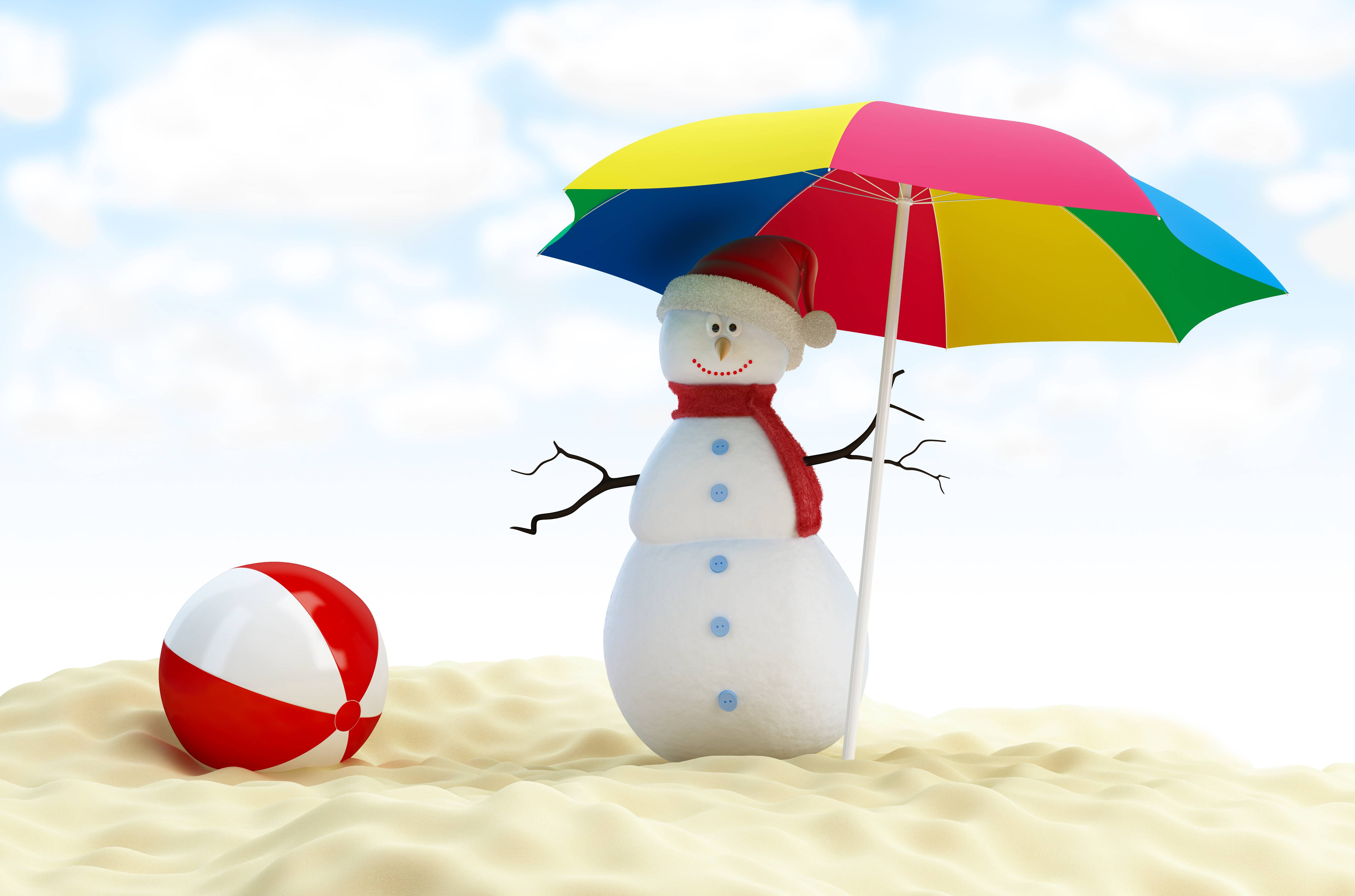 Wallpaper merry christmas, new year, snowman, beach ball, umbrella