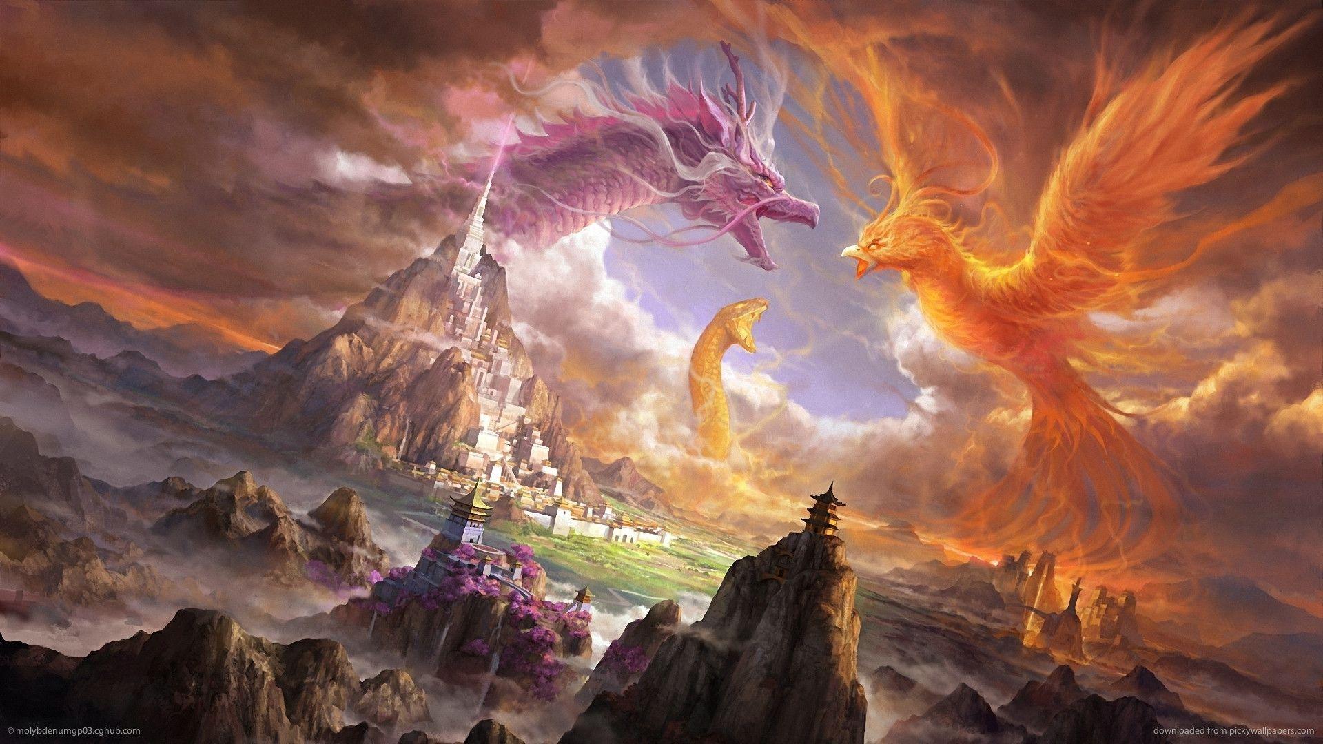 Fantasy art dragon pheonix sepent monster asian oriental castle