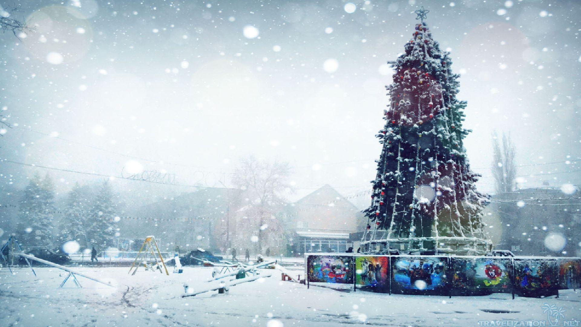 Big Winter Christmas Tree In Playground Wallpaper 1920x1080 px