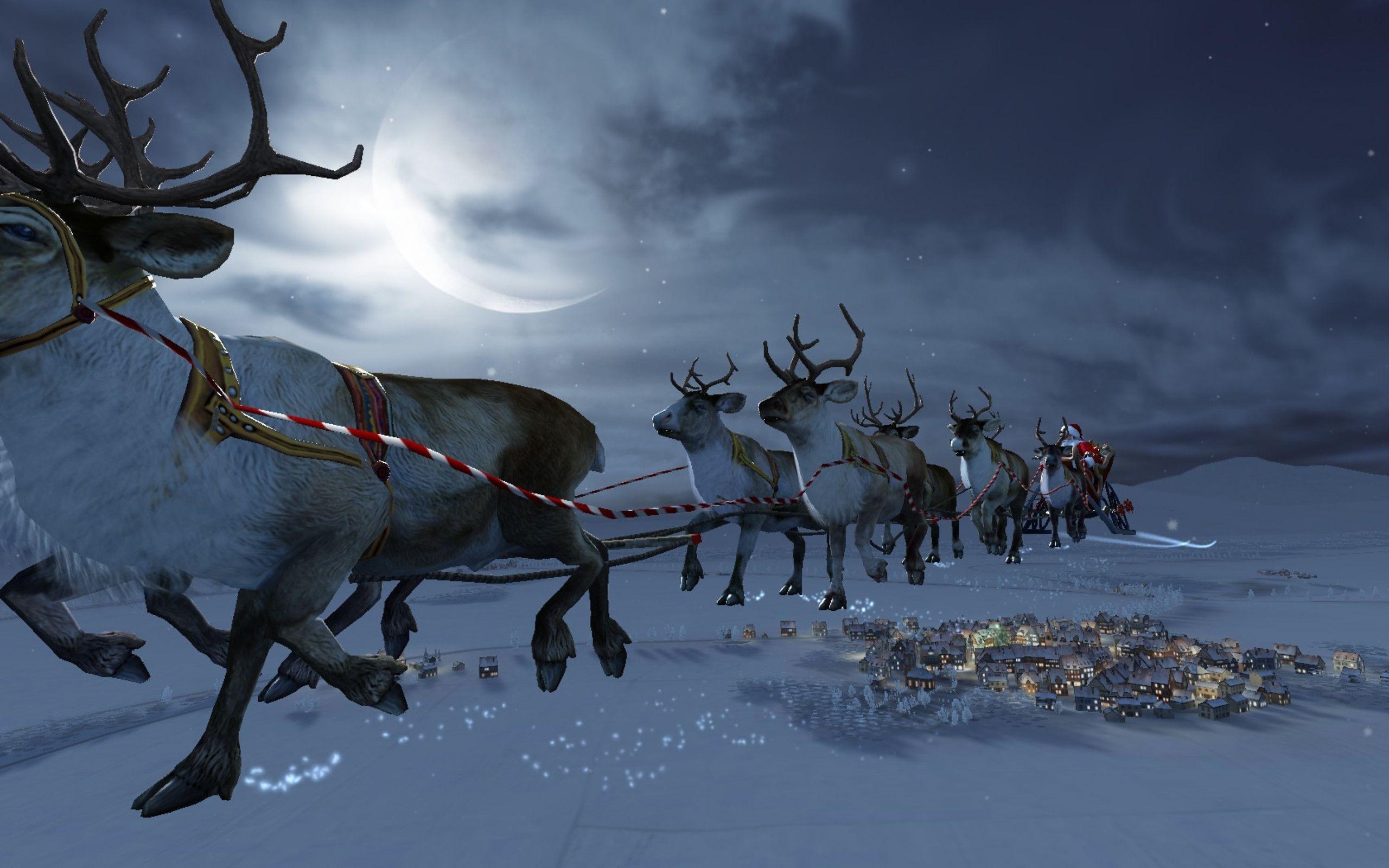 Wallpaper 3D, reindeer, rudolph, santa claus, christmas, moon