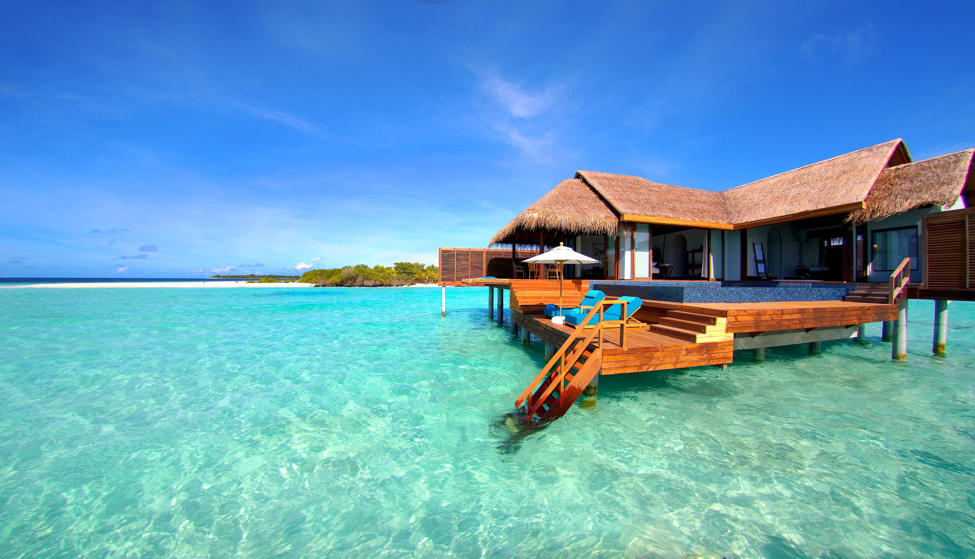 Download wallpaper Maldives, tropics, bungalow, beach free desktop