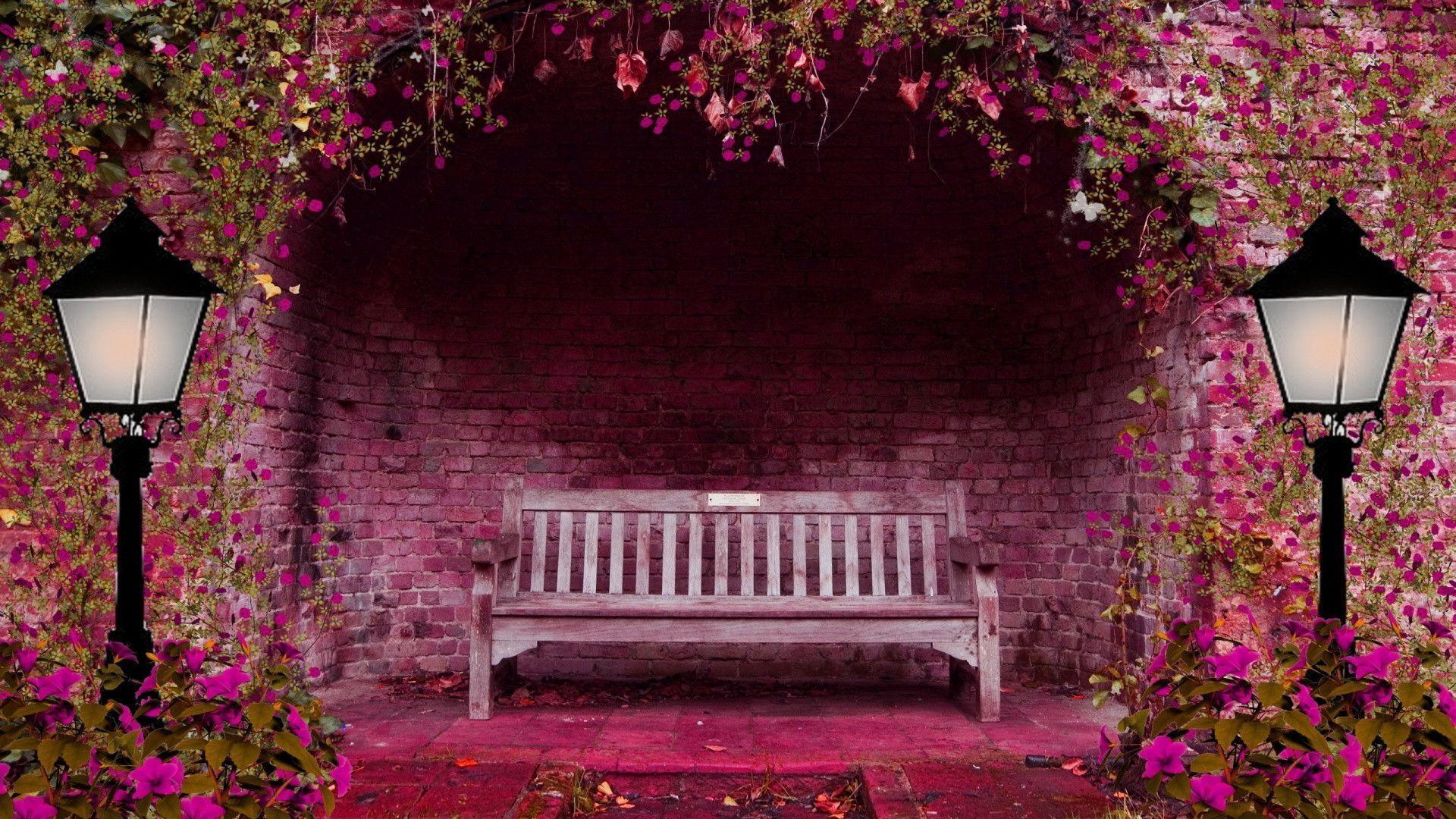 Spring garden bench Wallpaper